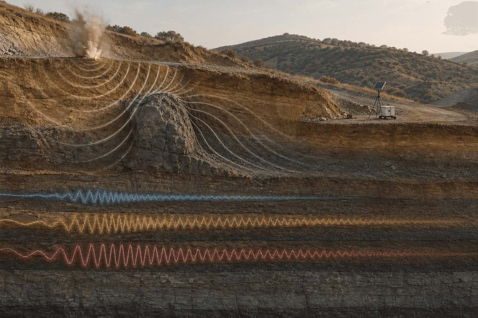 Corte ilustrativo de terreno em camadas: energia sísmica contornando um trecho de relevo (difração) e trens de onda com aparência distinta no subsolo estratificado (dispersão); estação de monitoramento ao fundo.
