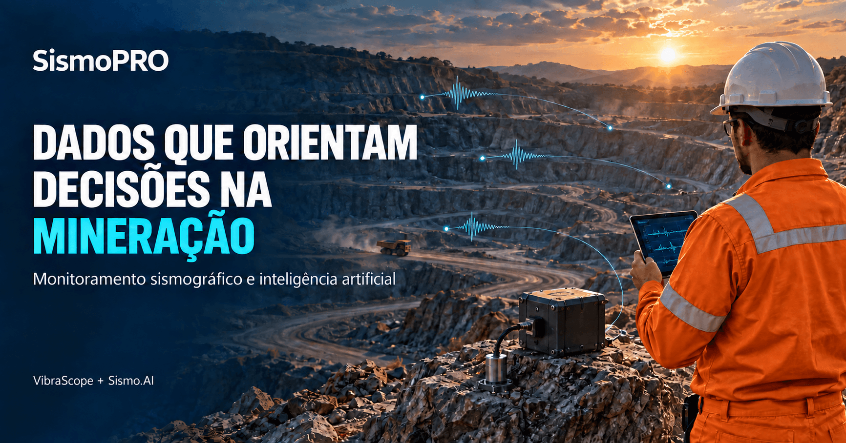 Dados que orientam decisões na mineração: profissional com tablet e sismógrafo em uma mina, com destaque para VibraScope e Sismo.AI.